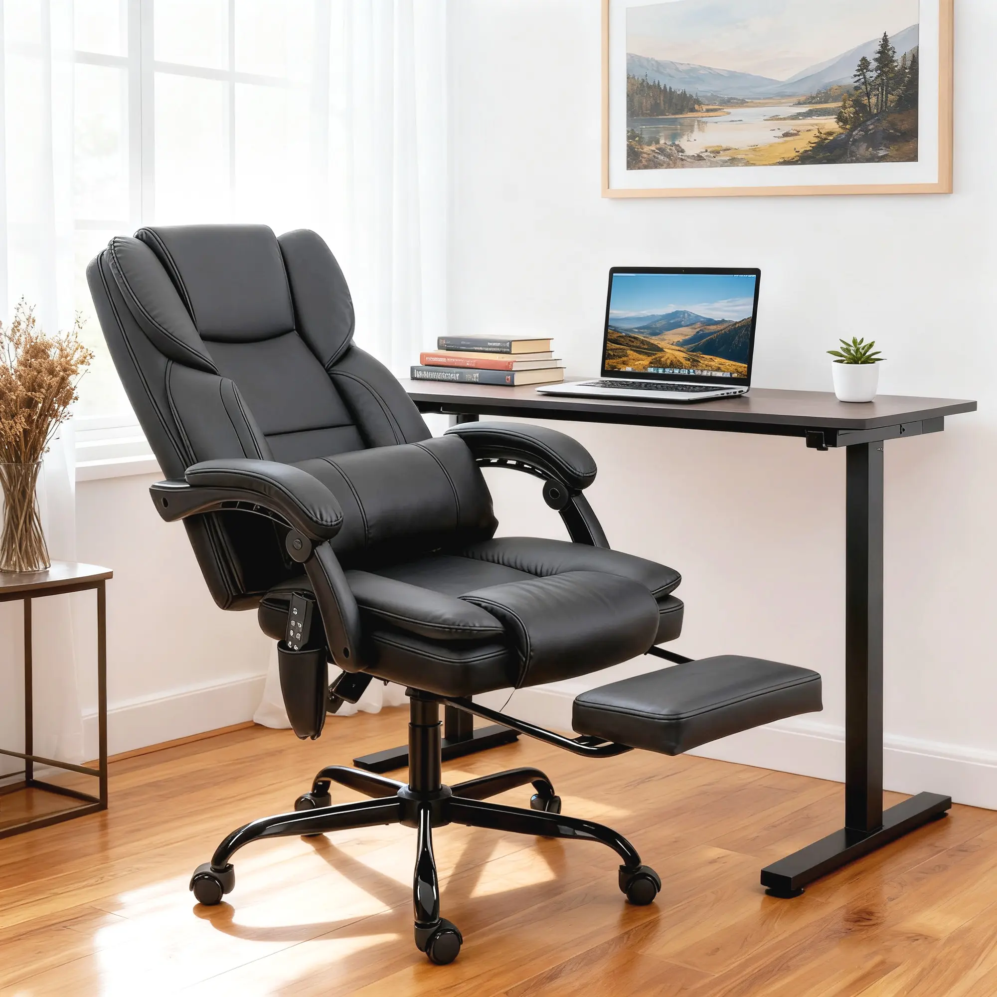 Black Faux Leather Reclining Office Chair - Scratch-Resistant, Massage Function, Adjustable Lumbar Support, Pull-Out Footrest, Smooth Wheels - Ideal for Long Work Hours at Home or Corporate Office