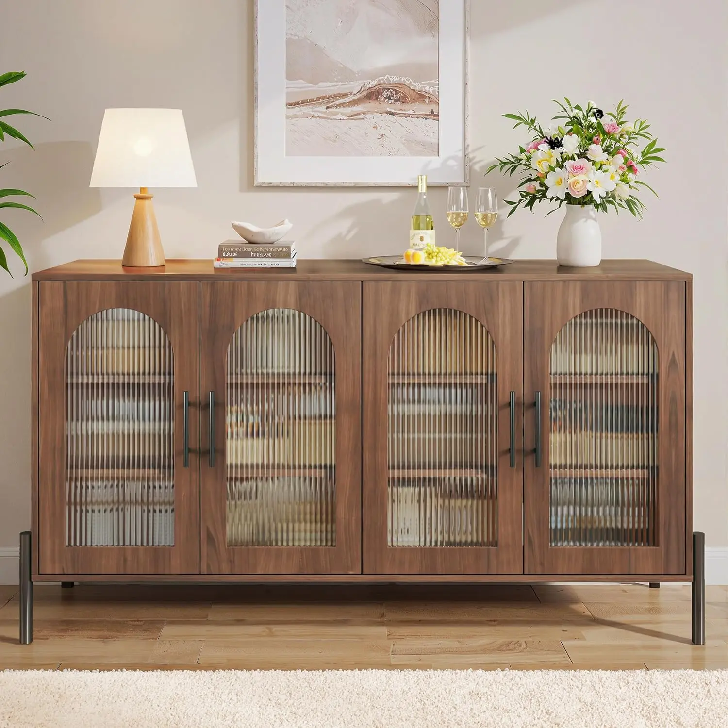 【Summergarden】Sideboard Buffet Cabinet with Storage, 55" Modern Sideboard Cabinet with 4 Fluted Glass Doors & Adjustable Shelves, Wood Buffet Console Table for Living Room, Kitchen, Dark Walnut