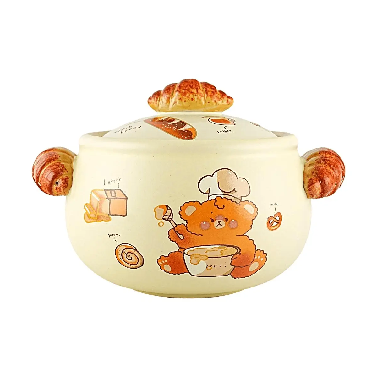 GLAZE STORY 1.2L Bear Ceramic Casserole Pot - Cute Mini Stockpot for Stews, Soups, and Baking - Adorable Kitchenware Gift