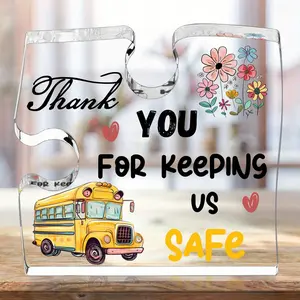 School Bus Design Acrylic Photo Plaque, Creative Puzzle Shaped Acrylic Ornament, Desktop Decor Gift for Bus Driver, Thank You Gift for Teacher