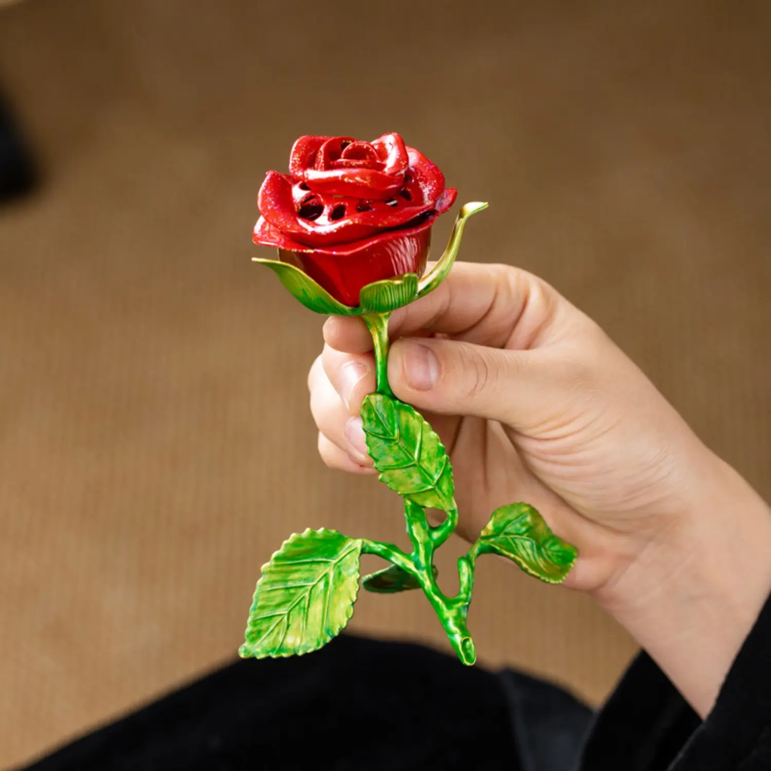 Rose Pattern Alloy Incense Burner - Small Travel Size Camping Outdoor Fragrance Diffuser, Handmade Unisex Valentine Gift, No Scented