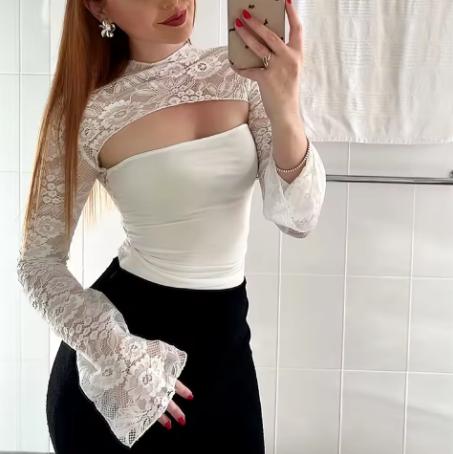 Elegant Lace Patchwork Long Sleeve Fitted Top, Sexy Hollow Out Design, Perfect for Bar Parties and Vacation, Versatile Women's Blouse