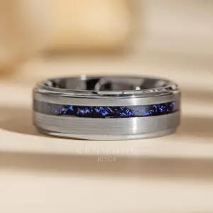 Silver Tungsten Ring, Blue Lab-Created Sapphire Strip Inlay, Stepped Edges - 8MM