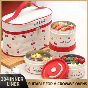 Cherry Pattern Set, 1 Set Including Lunch Box & Insulated Bag & Spoon & Chopsticks, Leakproof Insulated Lunchbox, Portable Lunch Container for Home Office School, Leakproof Food Containers