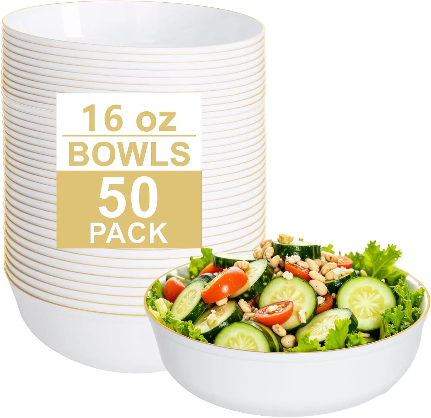 I00000 50 Pack White Plastic Bowls with Gold Rim,16 oz Disposable Soup Bowls,Premium Heavy Plastic Serving Bowls Ideal for Wedding & Party