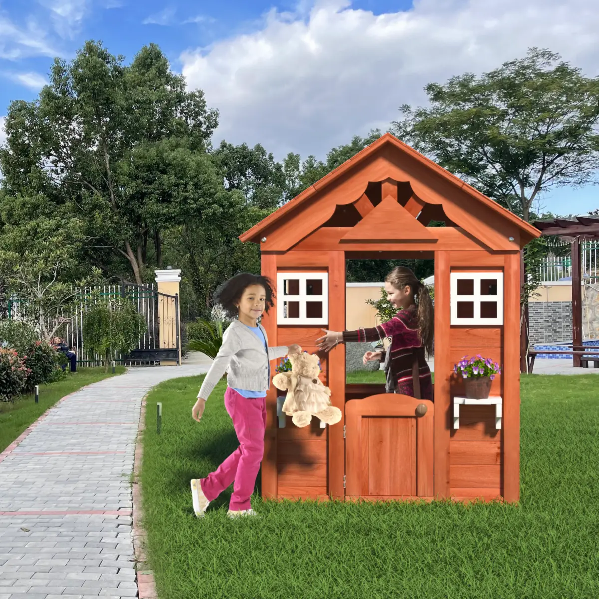Kids Outdoor Solid Wood Playhouse for 3-8 Years Olds, 42"Lx46"Wx55"H Golden Red Backyard Playsets, with Pre-Cut Panels, 2 Windows, Flowerpot Holder, Outdoor Kids Stuff Solid Wood Furniture for Backyard Exploration, Kids Outdoor Play, Outdoor Play Equipmen