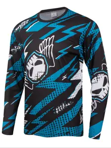 Men's Off-Road Motorcycle Riding Suit, Cycling Shirt, Athletic Techwear, Blue Lightning Skull Print Long Sleeve Knit Fabric, Ideal for Downhill Cycling