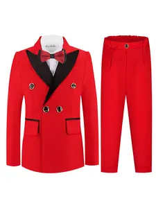 Boys Contrast Lapel Double-Breasted 3-Piece Suit Set  | Blazer + Elastic Waist Pants + Bow Tie | Red/White/Black Available | Non-Restrictive | Perfect for Weddings, Ring Bearer, Birthdays, Performances & All Formal Occasions (No Shirt Included)-XT8813