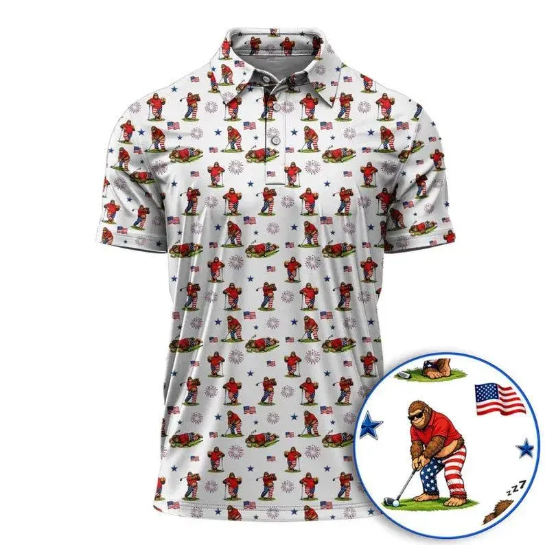 Bigfoot America Flag Patten Golf Polo Shirt Performance Menswear Outdoor Short Sleeve