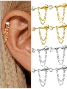 Unisex Stainless Steel Cubic Zirconia Earrings, 20G Push-Back Studs with Double Chain Design, Fashion Ear Jewelry, Trendy Jewelry Accessories, Perfect Gift