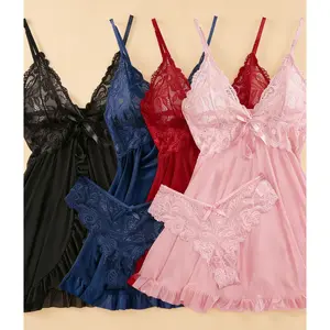3Sets 3Colors Sets(red+blue+pink) V-Neck Sexy Contrast Lace Mesh Chemise Lingerie Set Sleepdress, All-Season Polyester Slip Dress Nightwear Skimpy Clothes,  Romantic Evenings Holidays Party Anniversay Dating Valentine's Day