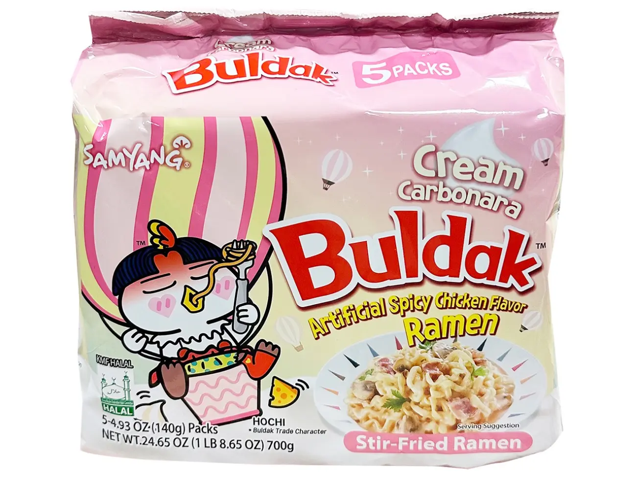 Samyang Fried Chicken Flavor Instant Buldak Noodles - Korean Stir-Fried Cheesy Carbonara Buldak Ramen, 5 Packs (4.93oz) Room-Temp Packaged Instant Noodles, Pantry Food for Spicy Food Lovers