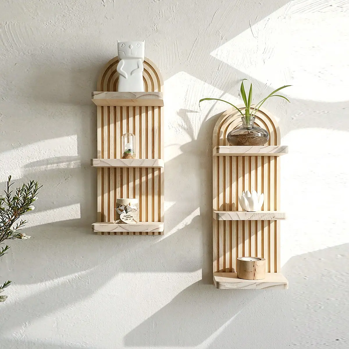 Modern Bohemian Wooden Hanging Wall Shelf, Decorative Multi-Layer Floating Bookshelf, Arc Design, Handmade Wood Decor, 3-Tier Wall Storage Rack, Boho, Decoration, Shelf for Wall