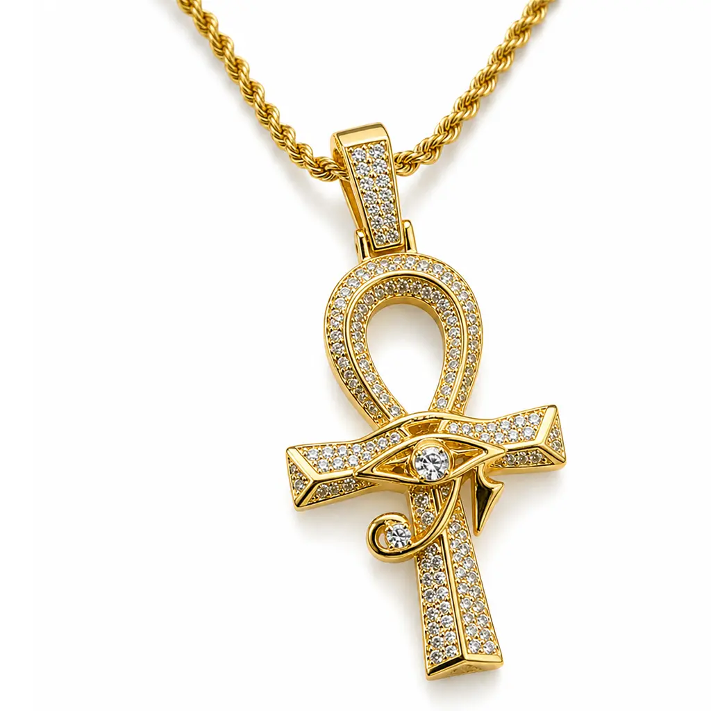 14K Gold Plated Ankh Cross Necklace with Eye of Horus, Micro Paved Zircon Egyptian Symbol Pendant, Hip Hop Rope Chain Jewelry for Men Women bracelet Adjustable Heart Rate Couples Set best friend