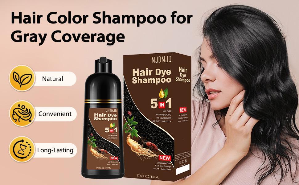 Black Hair Dye Shampoo 5-in-1, Natural Hair Coloring Shampoo with Ginseng Extract for Women & Men, Herbal Gray Hair Coverage, Long-Lasting black hairdye 500ml (Black)