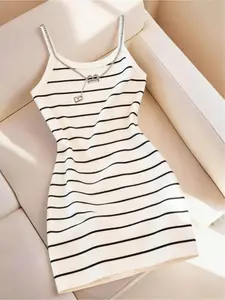 Summer hot girl style striped slip bodycon dress, Sleeveless Spaghetti Strap, slim figure-flattering knitted tight short skirt, pure seductive style versatile dress for dating, commuting, Casual wear Elegant sleeveless bodycon Casual Dresses