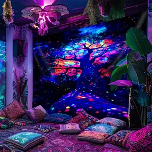 Tree of Life UV Glow Wall Tapestry - Blacklight Neon Psychedelic Dorm Decor Gift For Her Boho Nature Lover Tapestry Wall Hanging Tapestry Room Decor