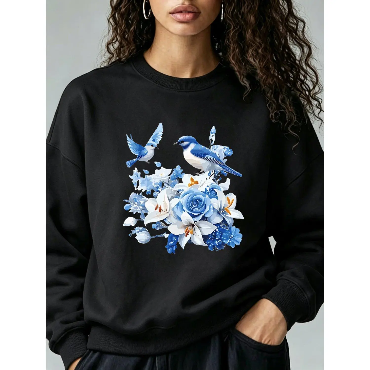 Mens Sports Sweatshirt with Vibrant Floral and Bird Print Casual Crew Neck Pullover for Spring Fall and Winter Allseason Athletic Top Comfortable Fit