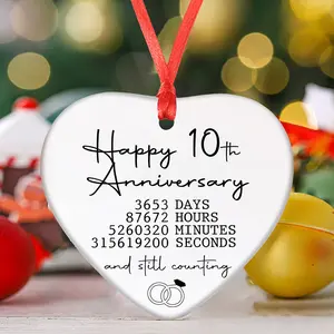 Happy 10th Anniversary Ornament, Anniversary Ornament Gift, Ceramic Christmas Tree Hanging Ornament Decoration, Anniversary Ornament Keepsake Sign, Heart Plaque Anniversary Romantic Couple Wedding Engagement Gifts for Her Him Wife Husband