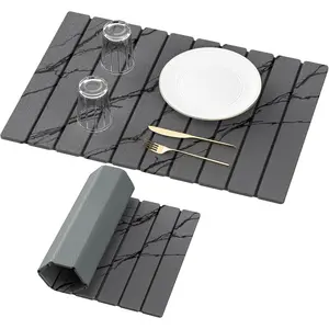 Large Stone Dish Drying Mat for Kitchen Counter, Quick Dry Stone Mats with Absorbent Diatomaceous Earth, Foldable Roll Up Drying Organizer Pad for Utensils Plate, 24"*16", Dark Gray Marble