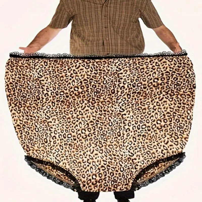 Funny Giant Adult Prank Gift Panties, Leopard Print Lace Trim, Unisex Joke Gift, Super Large Novelty Granny Underwear, Party Pranks, High Rise Panties