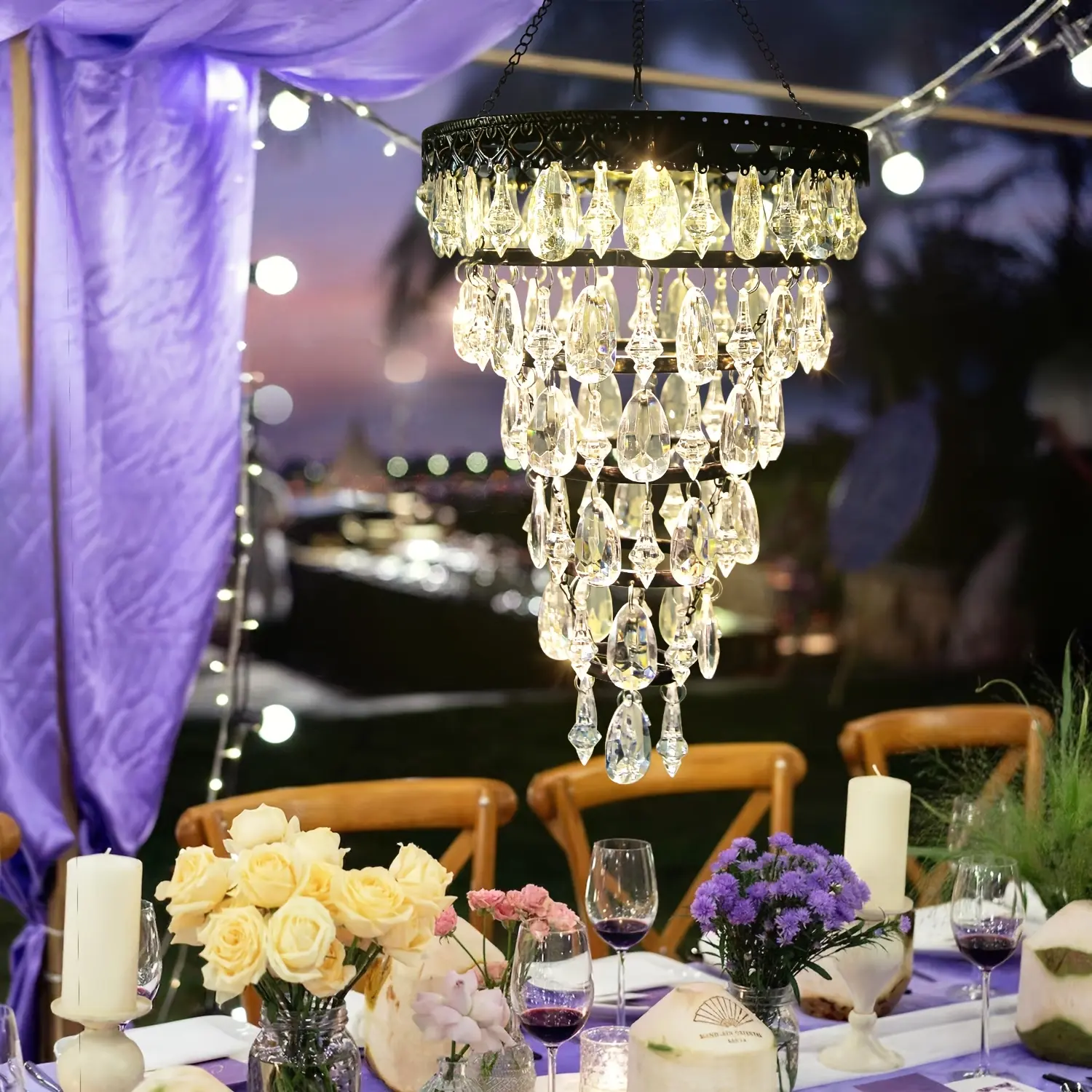 Solar Hanging Crystal Chandelier | Outdoor Garden Decorative Lights with 54 Warm White LEDs, Waterproof, Lithium Battery Powered, for Garden, Yard, Patio, Gazebo, Party, Wedding