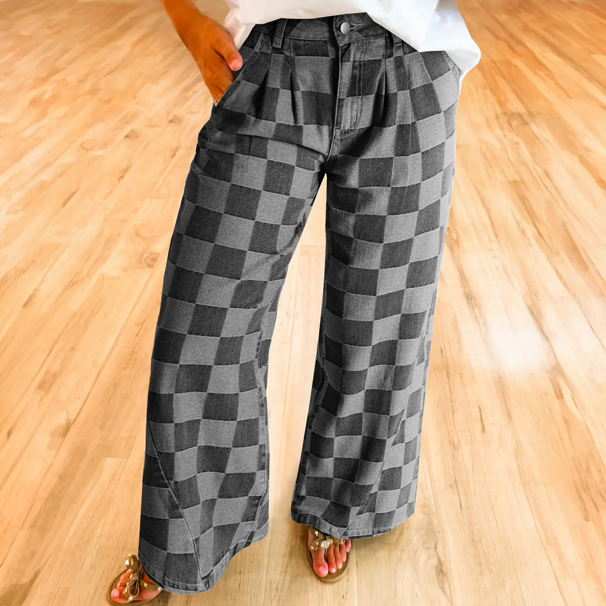 Dear Lover Women's Checkered Denim Wide Leg Jeans Bottom Pants for Dailywear All Seasons Soft Material Comfortable Fit
