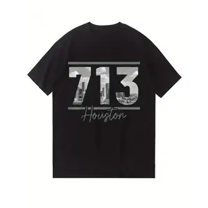Men'S 713 Houston Skyline T-Shirt - Vintage Texas Pride Design, Black Cotton, Short Sleeve, Crew Neck, Machine Washable, All-Season Wear, Casual Style, Allseason Apparel | Skyline Graphic Tee | Machine Washable Fabric