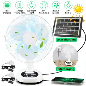Rechargeable Table Fan with LED Bulbs & Solar Panel, 6V 4500mAh Battery, 18W DC Motor, USB Charging, Wide-Angle Airflow, Portable Solar Fan Kit for Indoor & Outdoor Use