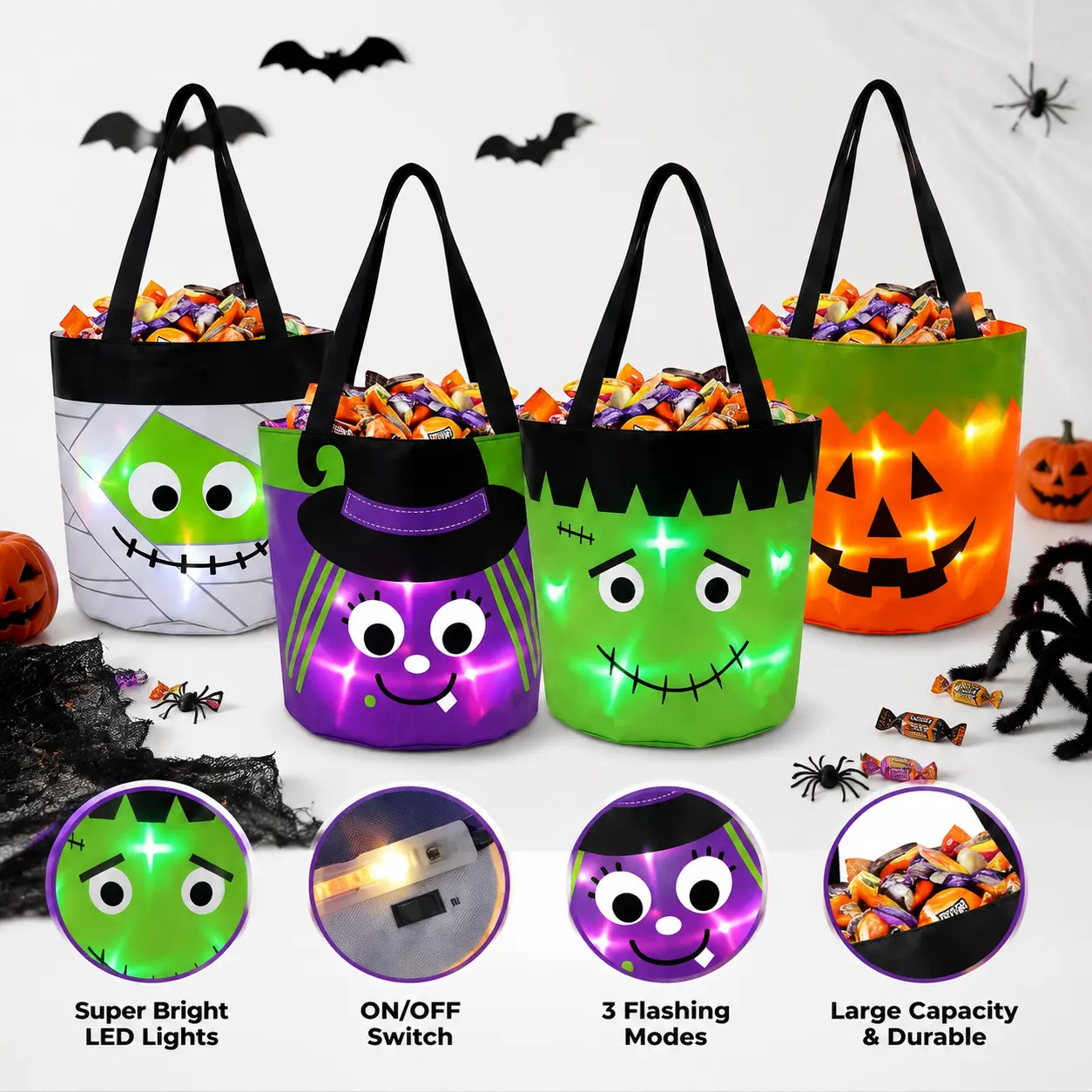 Light Up Halloween Trick or Treat Bags for Kids, Large Capacity Halloween Tote Bag, Battery Operated Pumpkin Witch Frankenstein Mummy Treat Bag sohochic