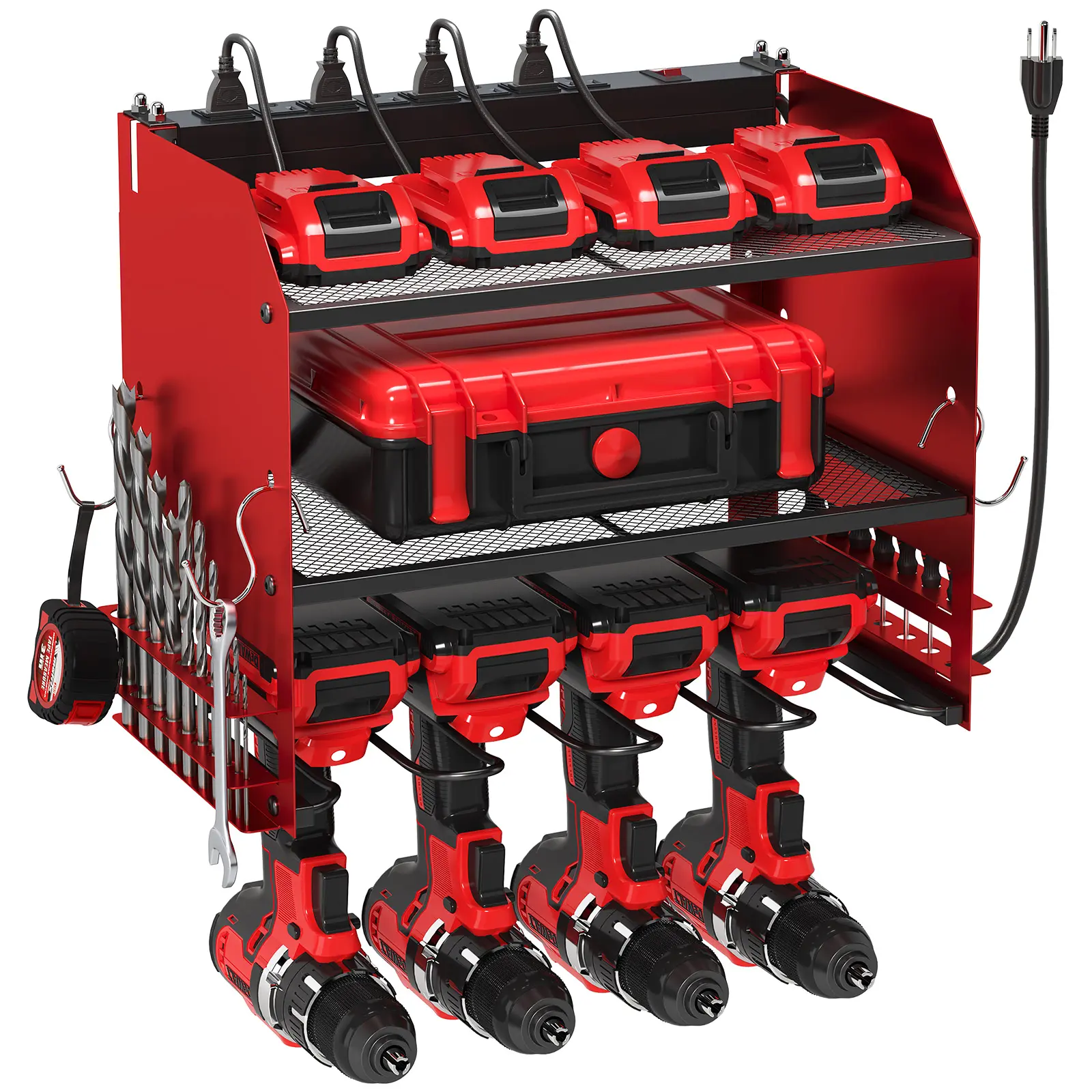 TLGREEN Wall-Mounted Cordless Tool Organizer - 4 Drill Slots, 8-Outlet Power Strip, Tool & Accessory Storage, Ideal for Garages & Workshops, for DIYers, Contractors, Homeowners & Handymen, Power Tool Organizer, Drill Holder