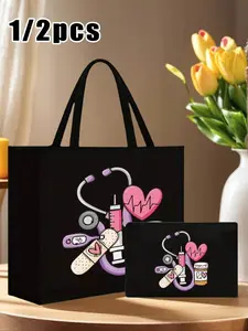 A nurse-themed tote bag and makeup bag set, featuring stethoscope, heart, syringe, and thermometer designs. This large-capacity linen tote bag is suitable for daily commutes, campus life, and leisure travel.