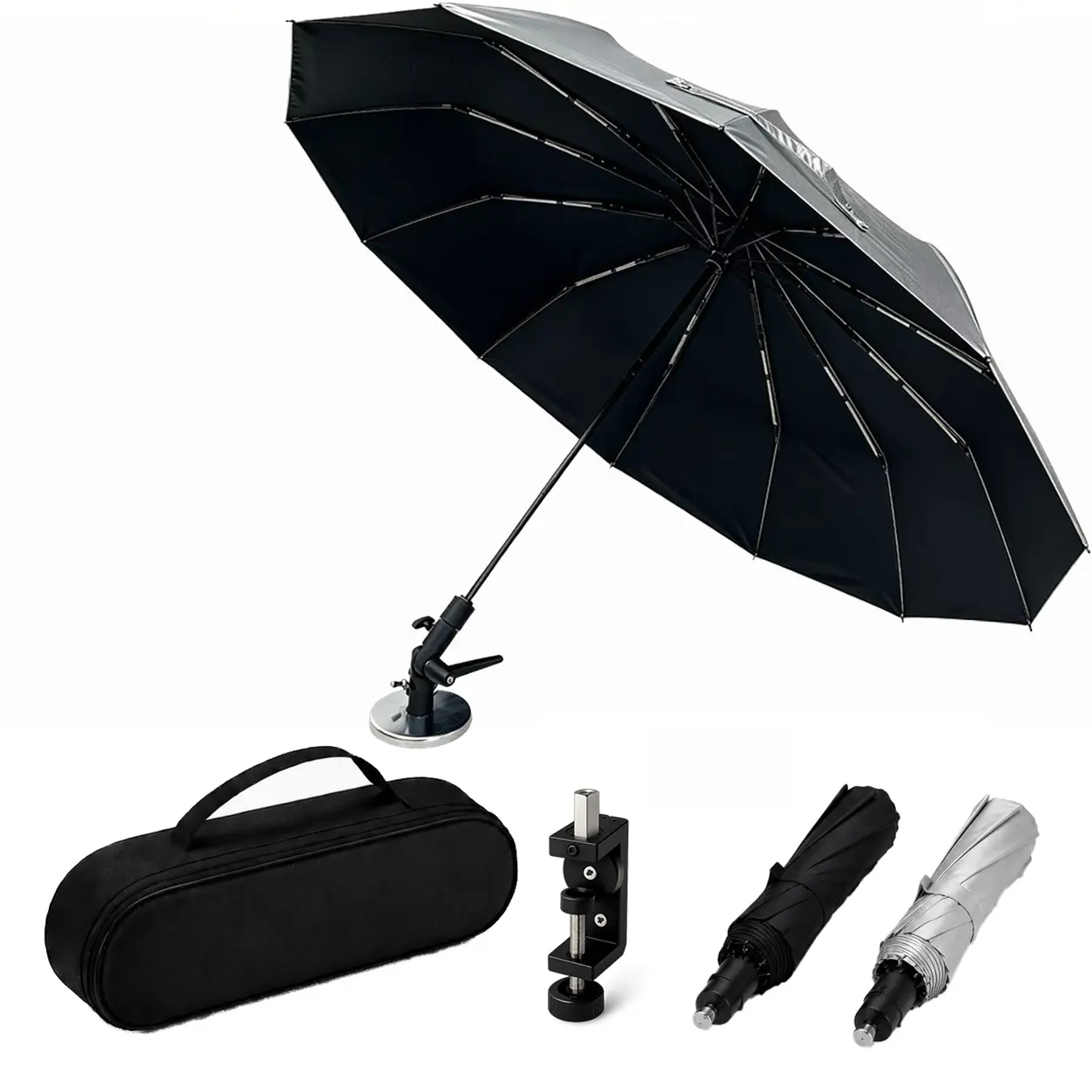 [Upgraded 2026 Latest] 56" Folding Magnetic HVAC Umbrella, 12-Rib Fiberglass Frame, Designed for Outdoor Work, Magnetic Base & Universal Clamp, 180° Adjustable Wind-Resistant Sun Shade, Portable for HVAC & AC Repair