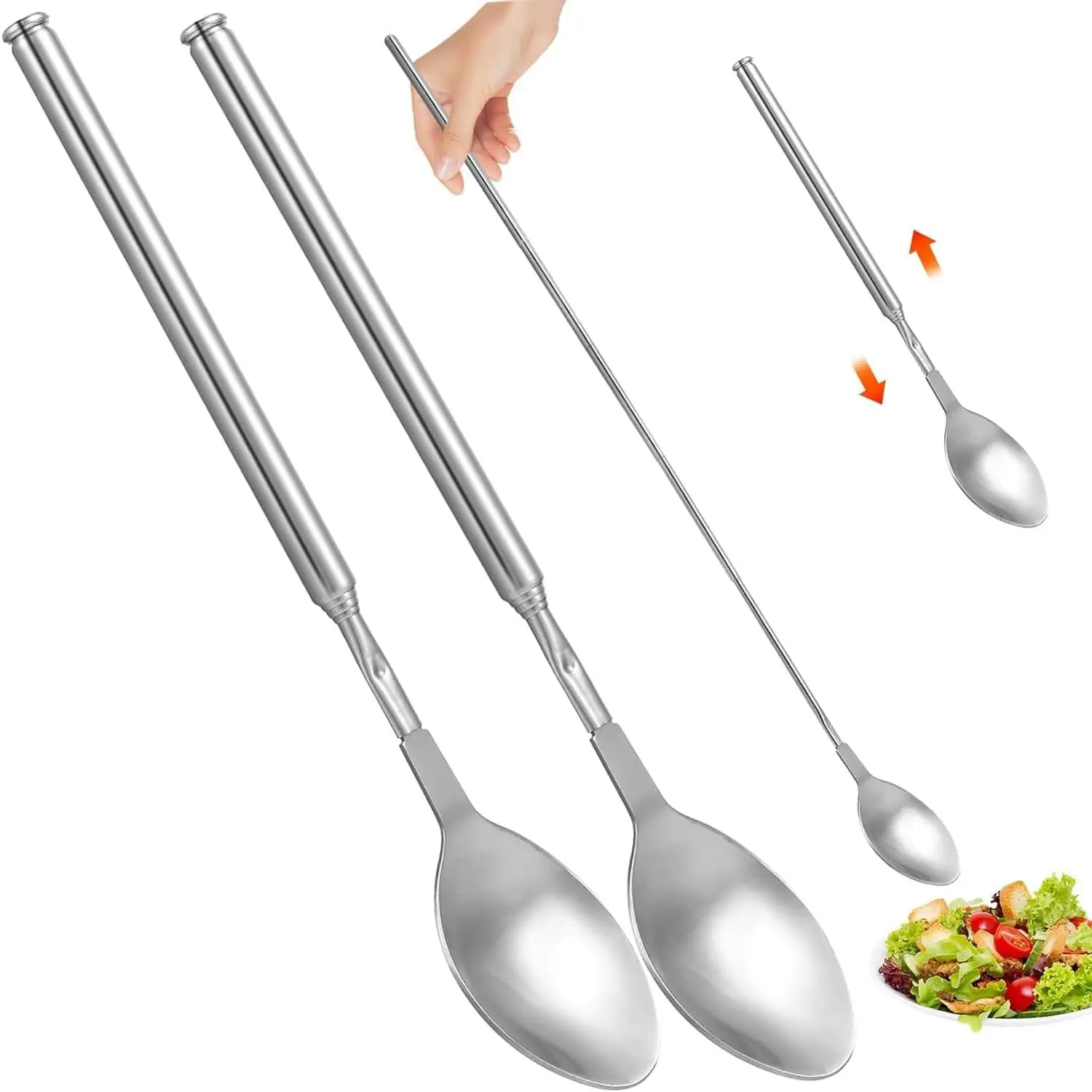 2-Piece Anti-Rust Durable Stainless Steel Extendable Spoons - 8.66-24.4in (62cm Max) Telescopic Design, Convenient to Use for Barbecue, Dinner Kitchenware Cutlery Supplies