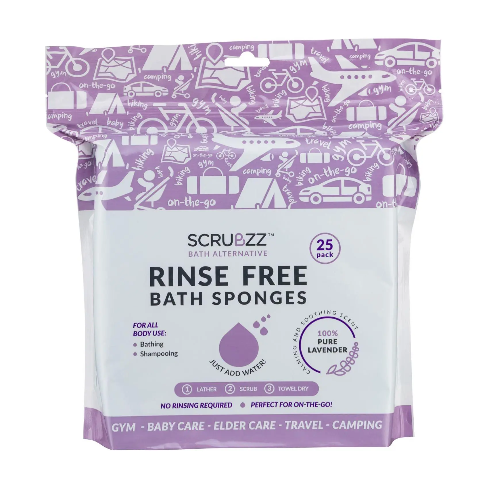Scrubzz Lavender Rinse Free 50pc Bath Single Use Bath Sponges Soap Pack