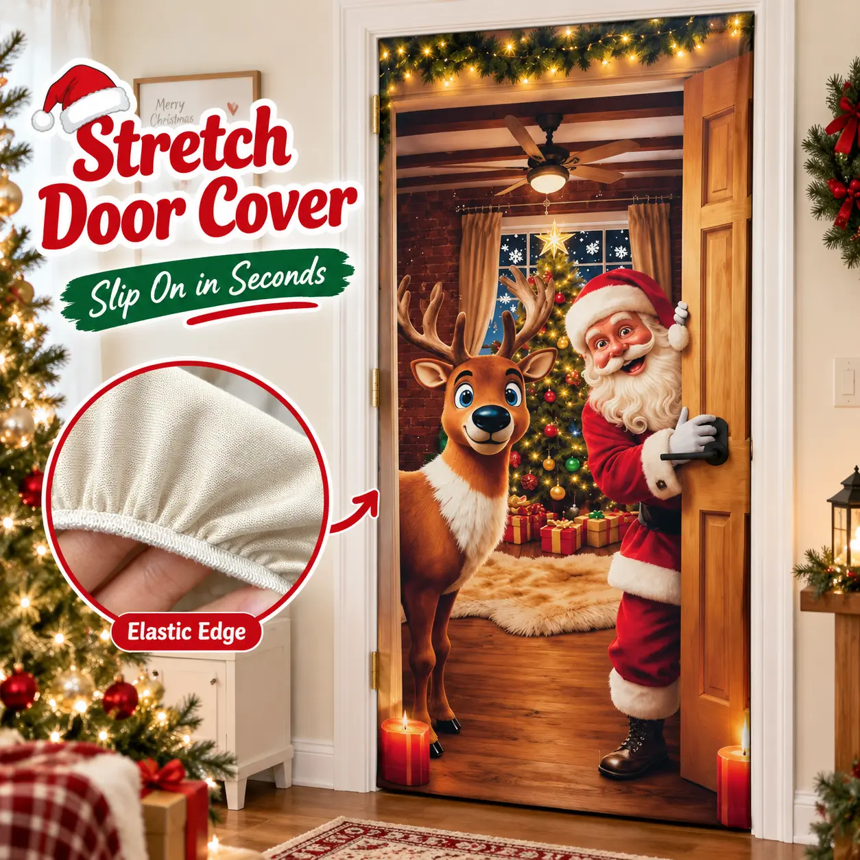 Christmas Door Cover - Santa & Reindeer Stretch Fabric Door Banner with 4-Side Elastic Edges, DIY Door Handle Cutout, Slip-On Front Door Holiday Decor