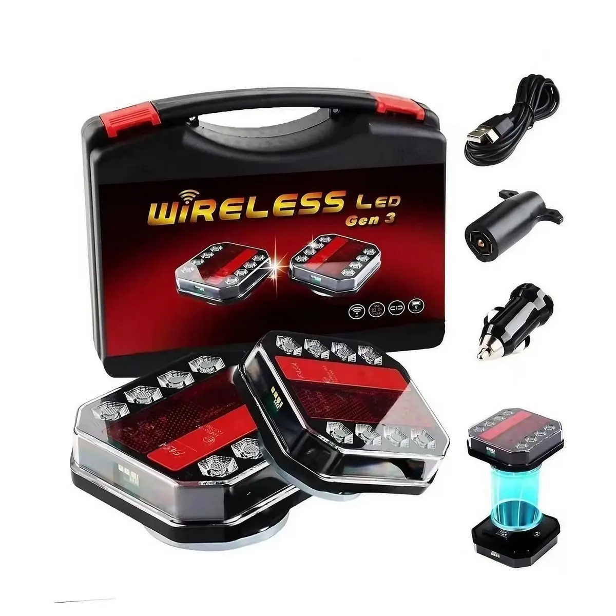 Magnetic Wireless LED Trailer Lights Kit - Waterproof, Rechargeable Towing Light Bars with New US Plug, Led Tail Light