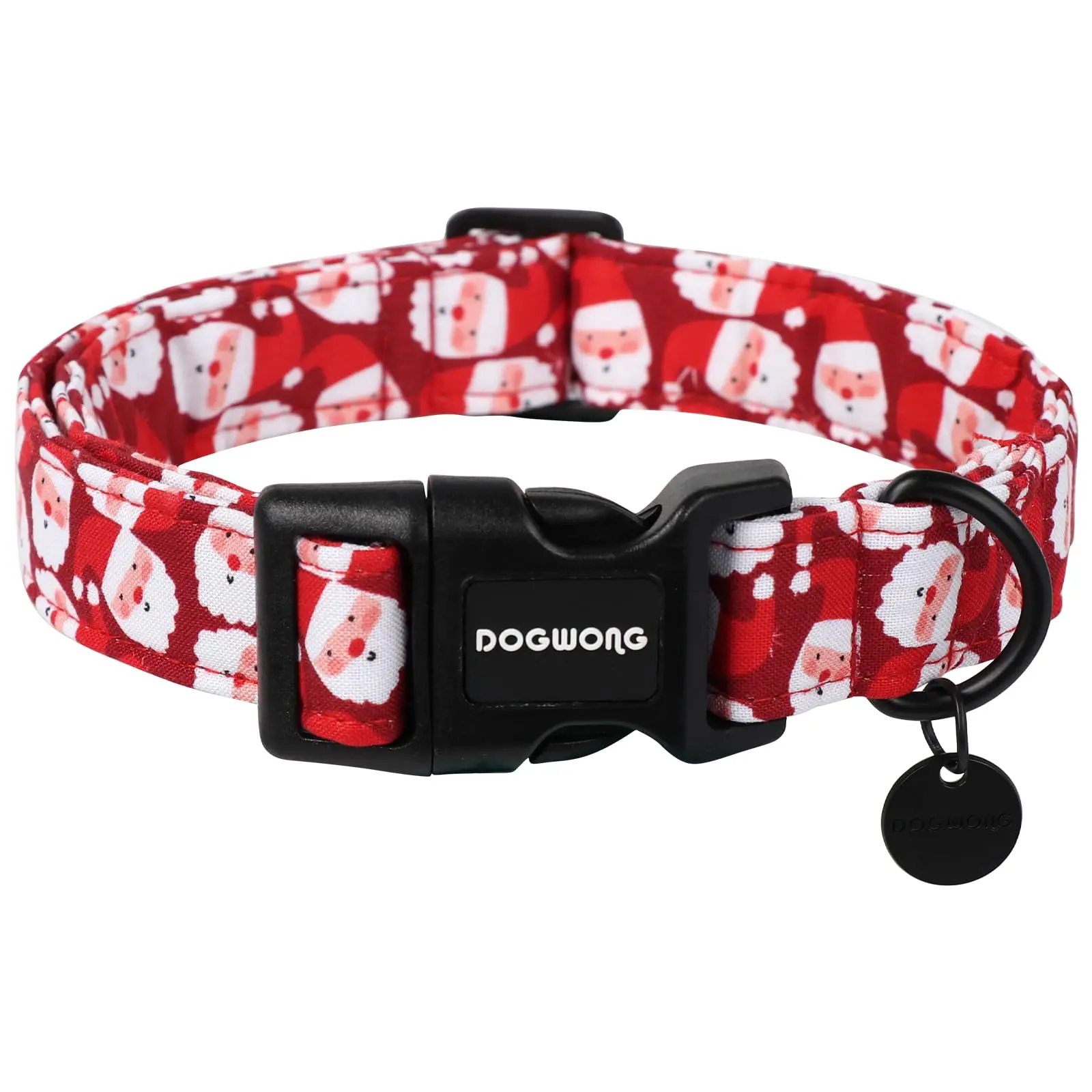 DOGWONG Cotton Dog Collar - Soft Cotton, Breathable Holiday Red Santa Claus Graphic Design, Durable Accessory with Detachable Adjustable Roll Buckle, D-Ring for Medium-Large Dogs - Pet Collars & Harnesses, Quick Release