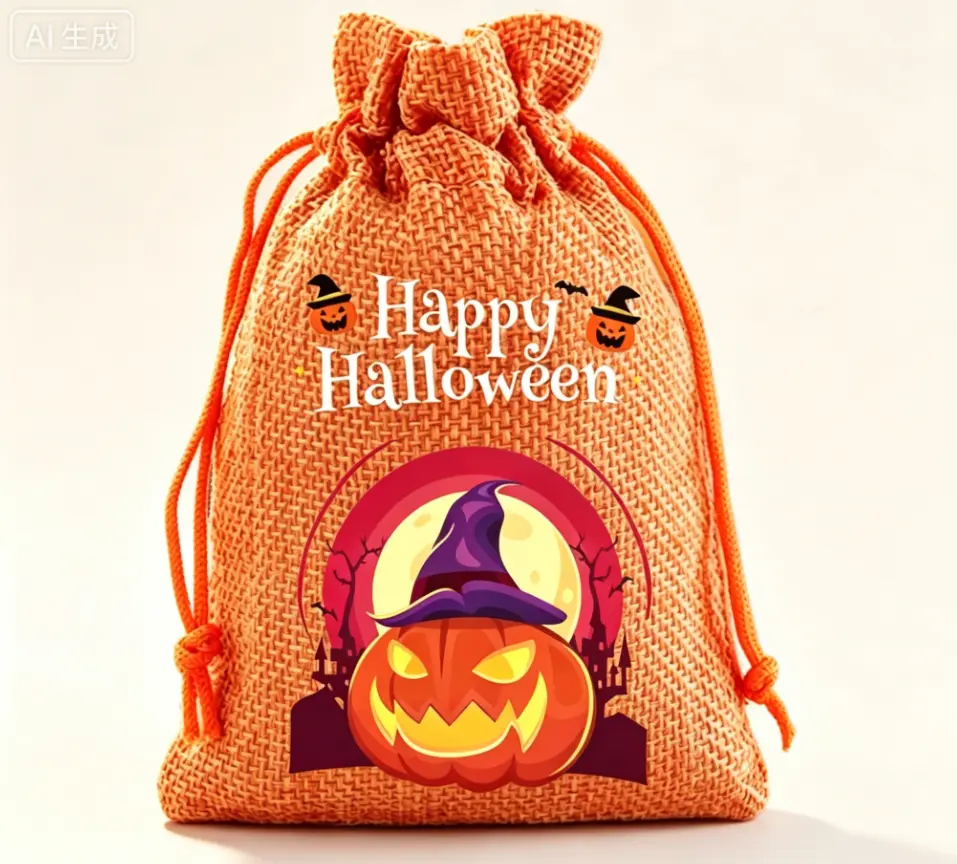 Unisex Kids' Reusable Linen Drawstring Party Bags, 6-Pack - Pumpkin Ghost Pattern, Halloween Aesthetic Portable Trick-Or-Treat Candy & Small Favor Bags (Festive Home Party Supplies)