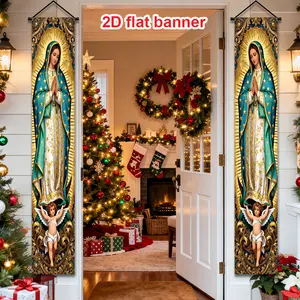 2D Flat, 2D Flat Banner, 2pcs Virgin Mary Religious Porch Banner, with Guadalupe Virgin Mary Background Decoration, Suitable for Four Seasons Christian Celebration Decor, Religious Theme Home Indoor/Outdoor Door Wall Hanging Banner, Church, Yard