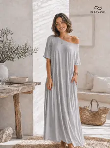 ELASWAVE Women's Minimalist Simple Solid Color Batwing Short-Sleeve Lounge Dress - Soft Sleepwear Loungewear, Comfortable Casual All-Season Homewear Pjs