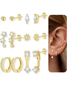 6 Pairs 14K Gold Plated Stud Earrings for Women, Hypoallergenic Cartilage Earrings for Multiple Piercing, Dainty Small Stackable Earrings Set for Jewelry Gift