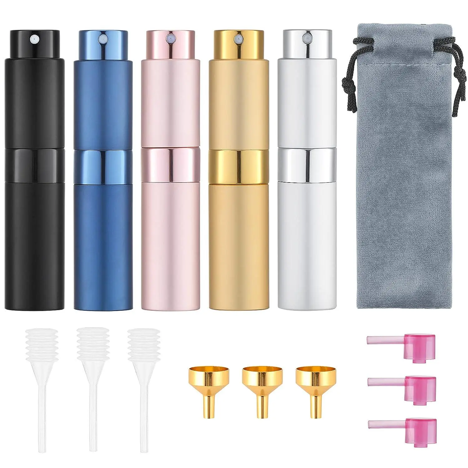 1 set of 5PCS perfume split bottle, rotary telescopic portable 8ml spray sample spray, glass empty bottle Organiser Tin