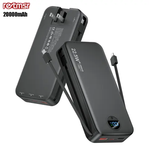 RETMSR 20000mAh Rechargeable Mobile Power Bank - 22.5W Fast Charging, Built-in Wall Charger & USB-C Cables, Digital LED Display, 5V/3A;9V/2.22A;12V/1.66A(PD20W) Travel Battery Pack for Smartphone, Devices (Black)