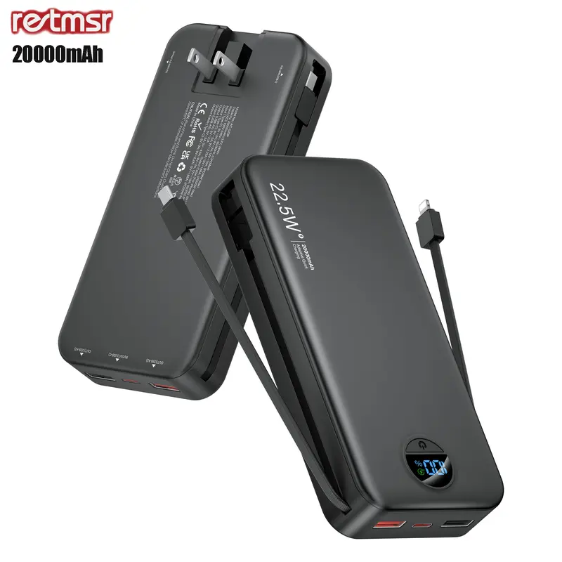 RETMSR 20000mAh Rechargeable Mobile Power Bank - 22.5W Fast Charging, Built-in Wall Charger & USB-C Cables, Digital LED Display, 5V/3A;9V/2.22A;12V/1.66A(PD20W) Travel Battery Pack for Smartphone, Devices (Black)