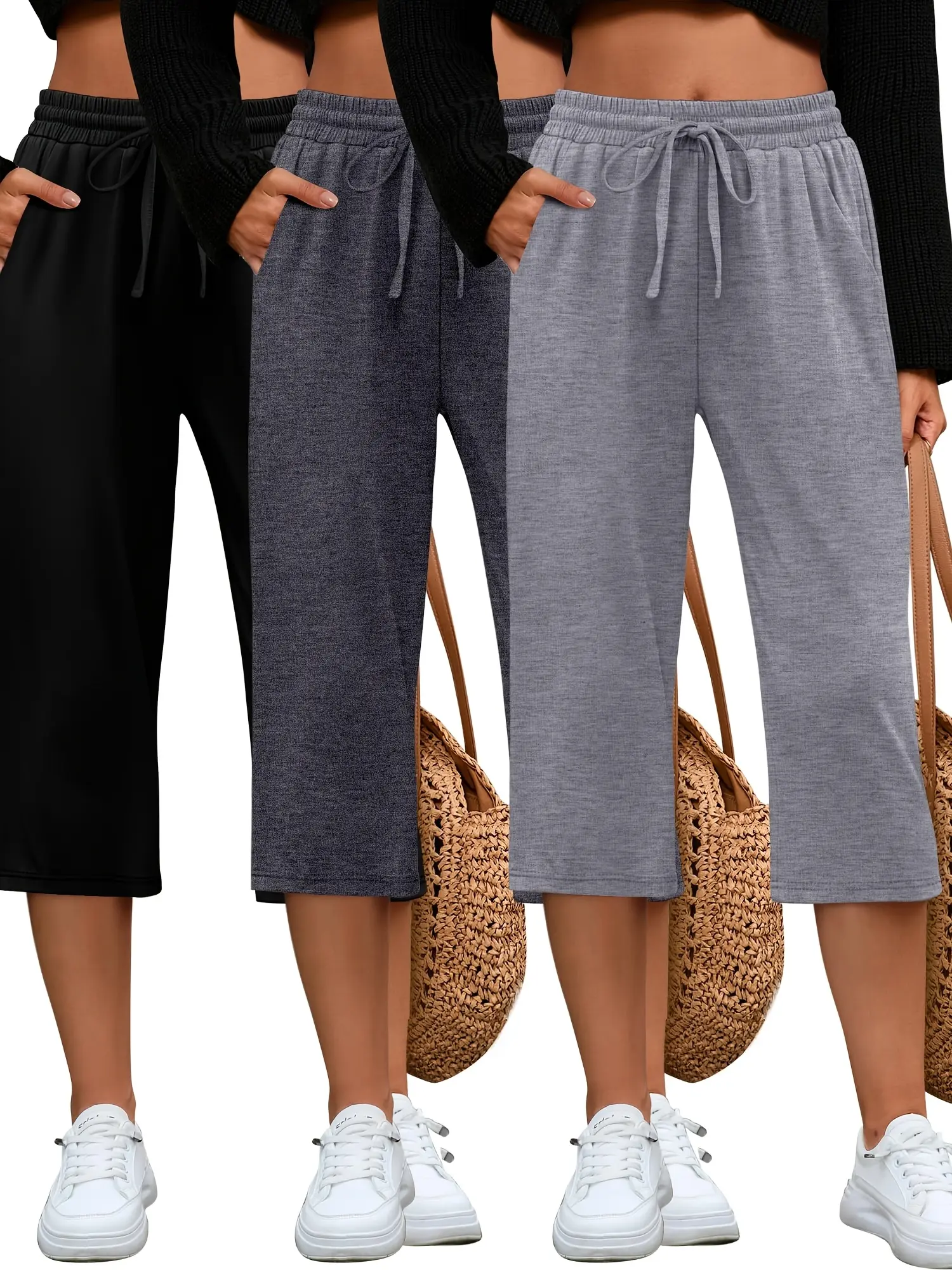 Women's 3-Pack Capri Joggers Sweatpants - Cozy Lounge Drawstring Wide-Leg Pants with Pockets, Casual Athleisure, Fitness Gym Bottoms, Activewear for Yoga, Athletic Workout Daily Wear