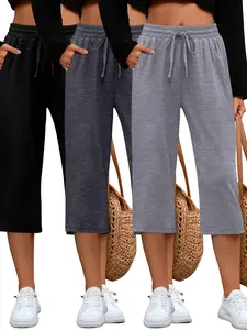 3 Pack Women's Capri Sweatpants, Cozy Lounge Drawstring Capris with Pockets Wide Legs Jogger Workout Yoga Pants