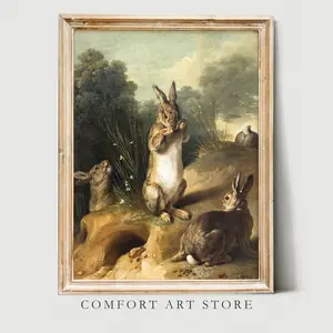 Vintage Bunny Wall Art – Rustic Rabbit Landscape, Neutral Farmhouse Decor, Animal Poster, Unframe