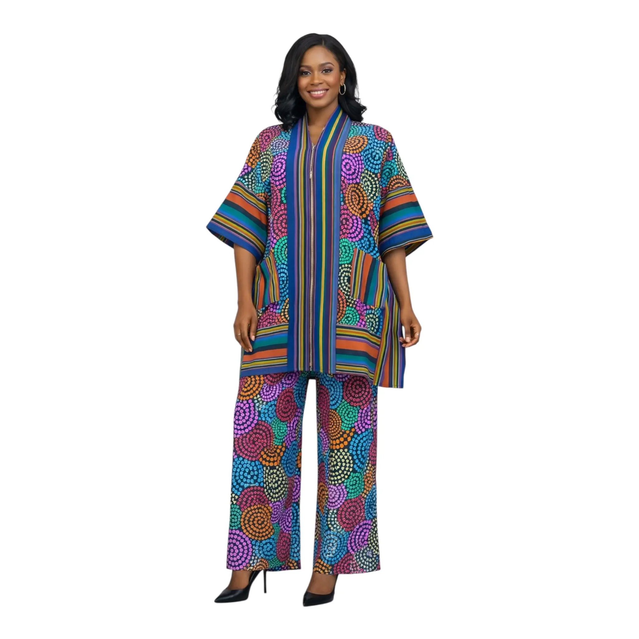 CRZ Royal Apparel Ankara Kimono Jacket and Pant Set With Zipper