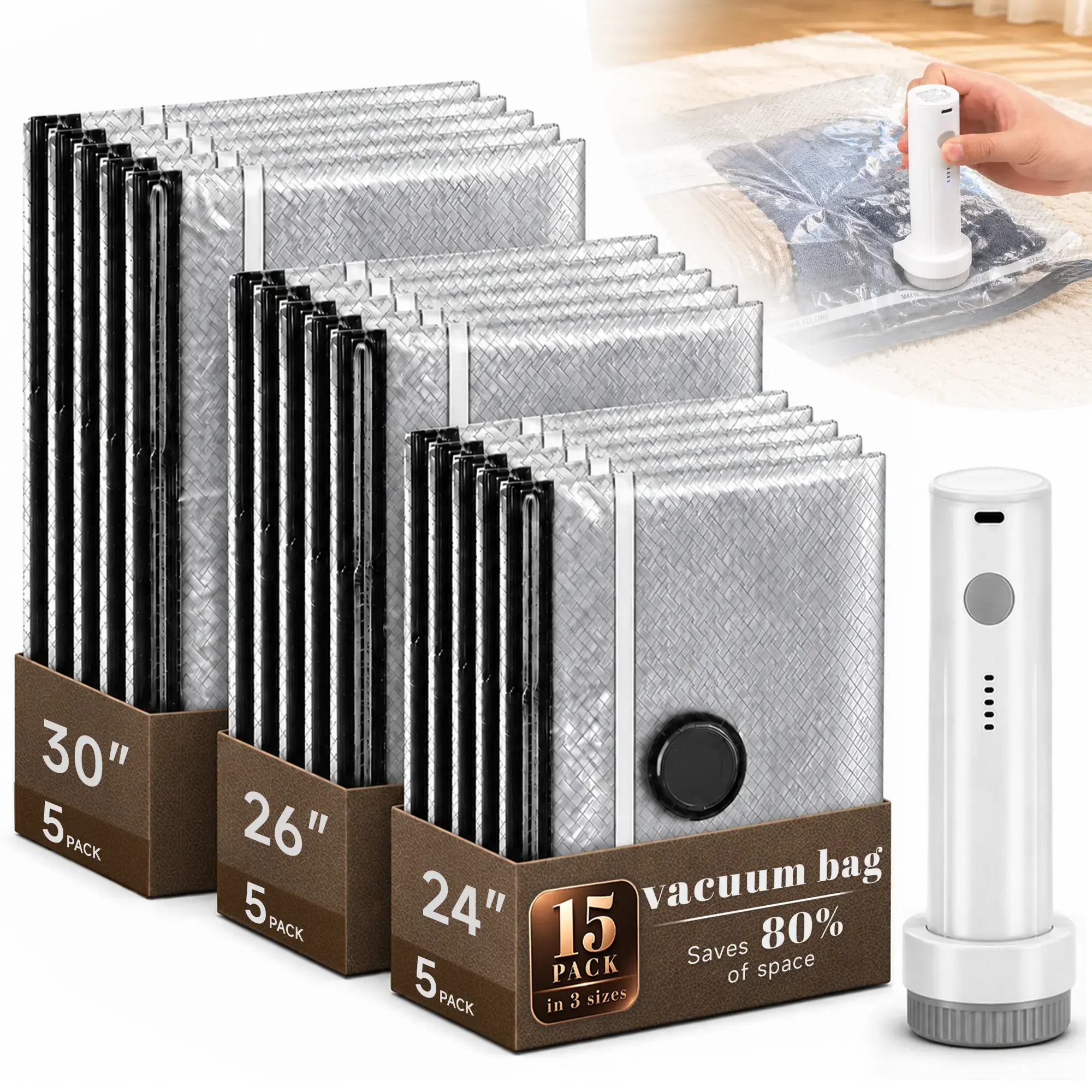 15 Pack Vacuum Bags for Travel with Rechargeable Cordless Electric Pump, Carry-on Packing Bags for Luggage and Suitcase, Space Saver for Clothes and Clothing
